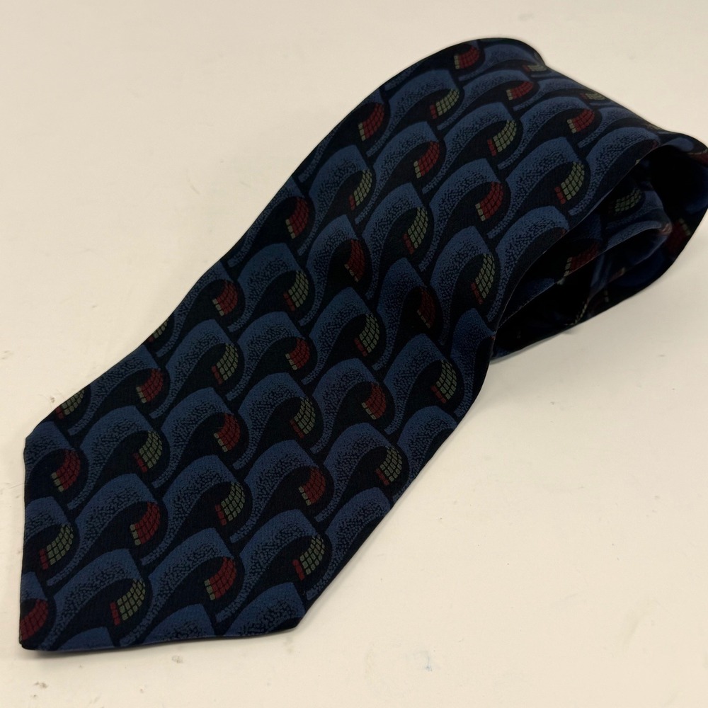Mallory & Church London Silk Tie Navy Blue Burgundy Abstract Geometric Mens
